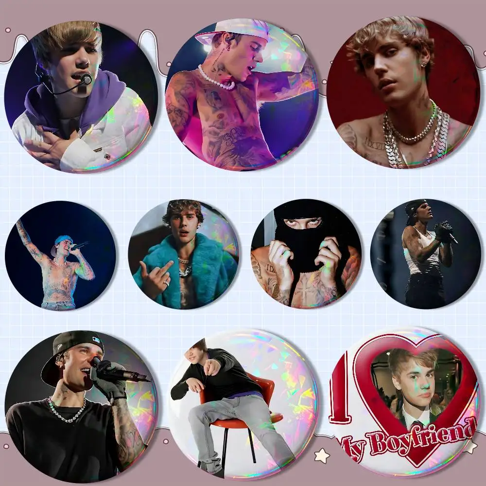 

USA J-Justin BieberS COOL Reflective Pin Tinplate Round Brooch Cartoon Cosplay Badges for Bag Hat Toys Gifts