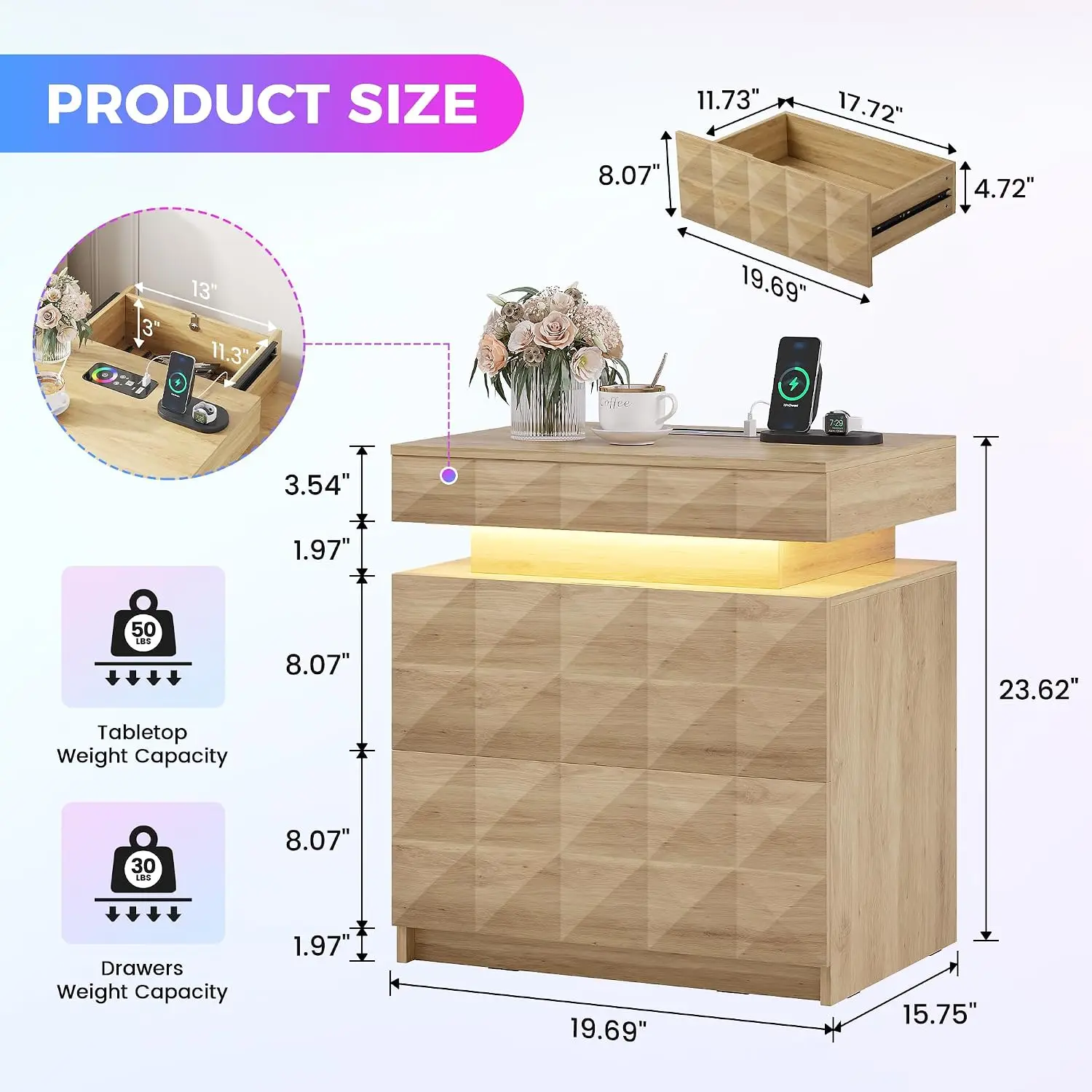 LED Nightstand with Charging Station 3 Drawers Lockable Hidden Storage Human Sensor RGB Lights Bedroom Wood, Customized