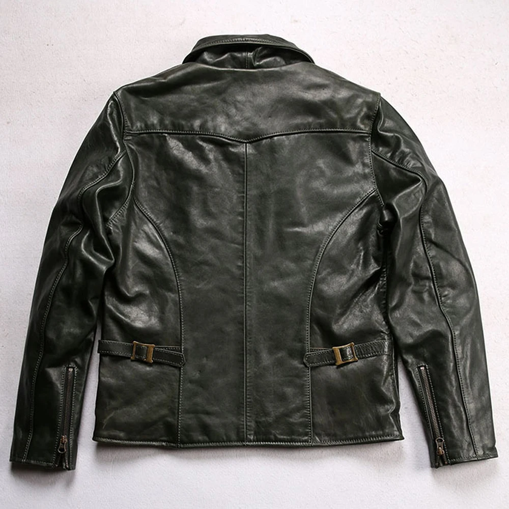 High Quality Original Horseskin Leather Jacket Coats Genuine Leather Horsehide Biker Men\'s Coat Vintage Green Color Topcoat