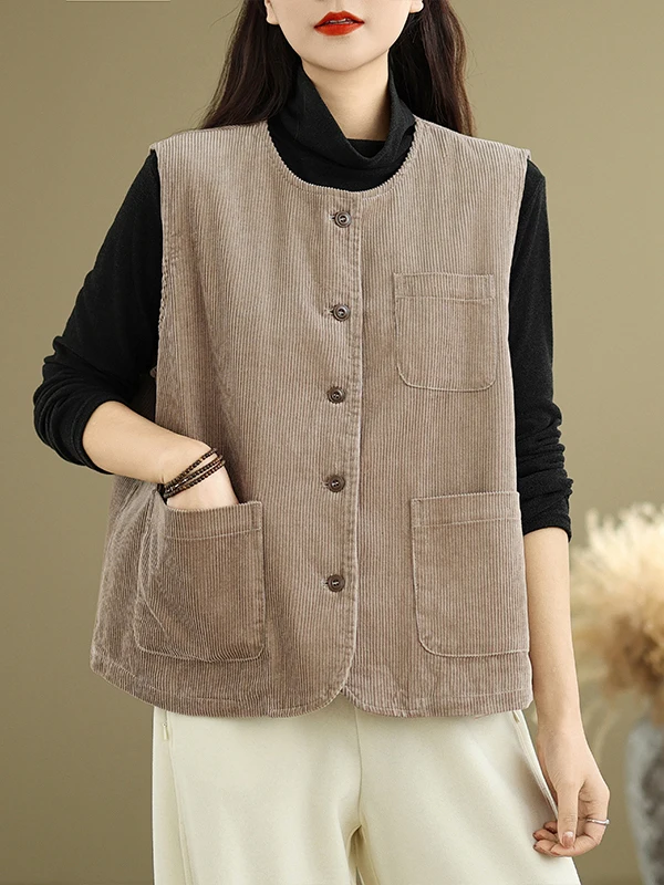 

Versatile round Ne Vest Autumn New Sle Commuter Casual Loose Fit Retro Design Comfortable Cotton Blend ket Detail