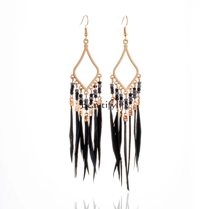 

Colorful Rice Bead Tassel Feather Earrings Female Bohemian Court Earrings