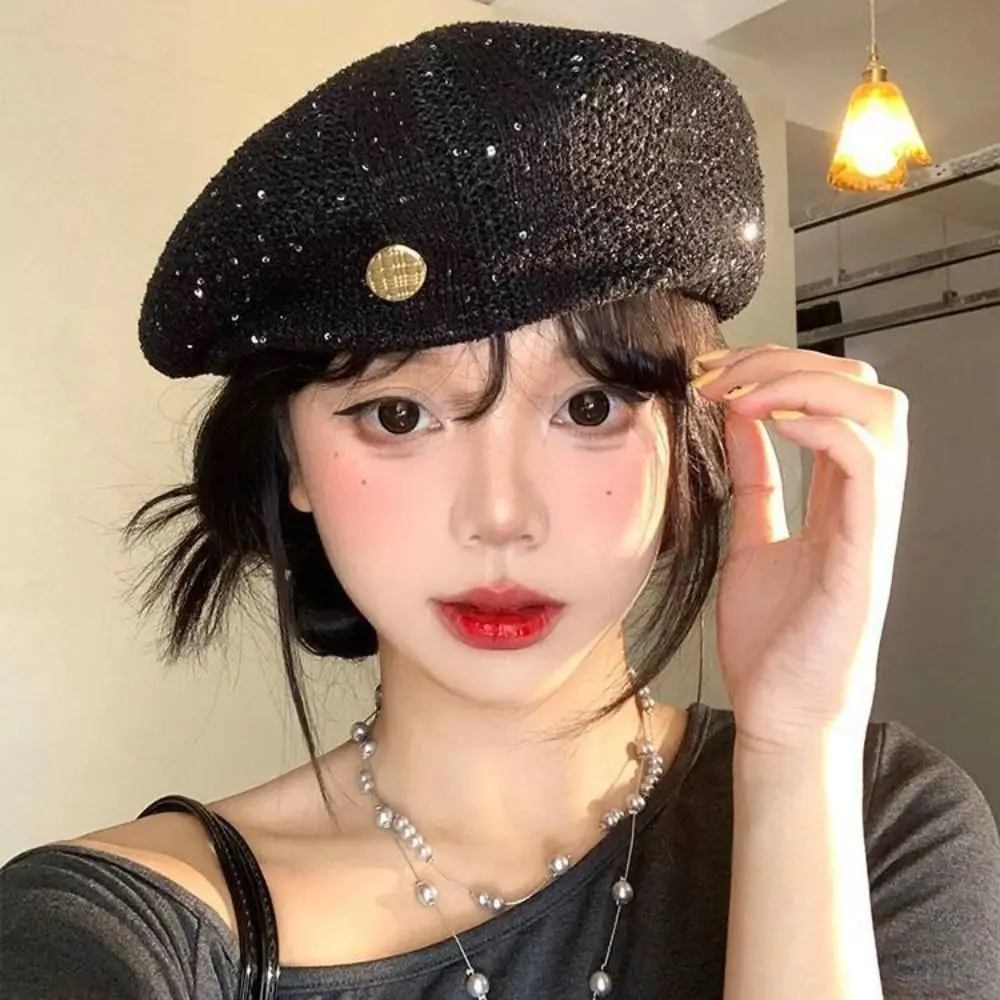 

Sequined Knitted Berets Cap for Women Autumn Thin Breathable Versatile Retro Sweet Painter Hat
