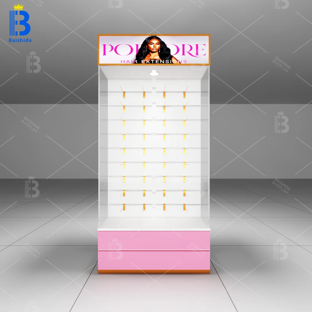 Custom Wig Shop Design Interior Decoration Furniture With Storage Cabinets And LED Lighting Custom Wig Display Cases