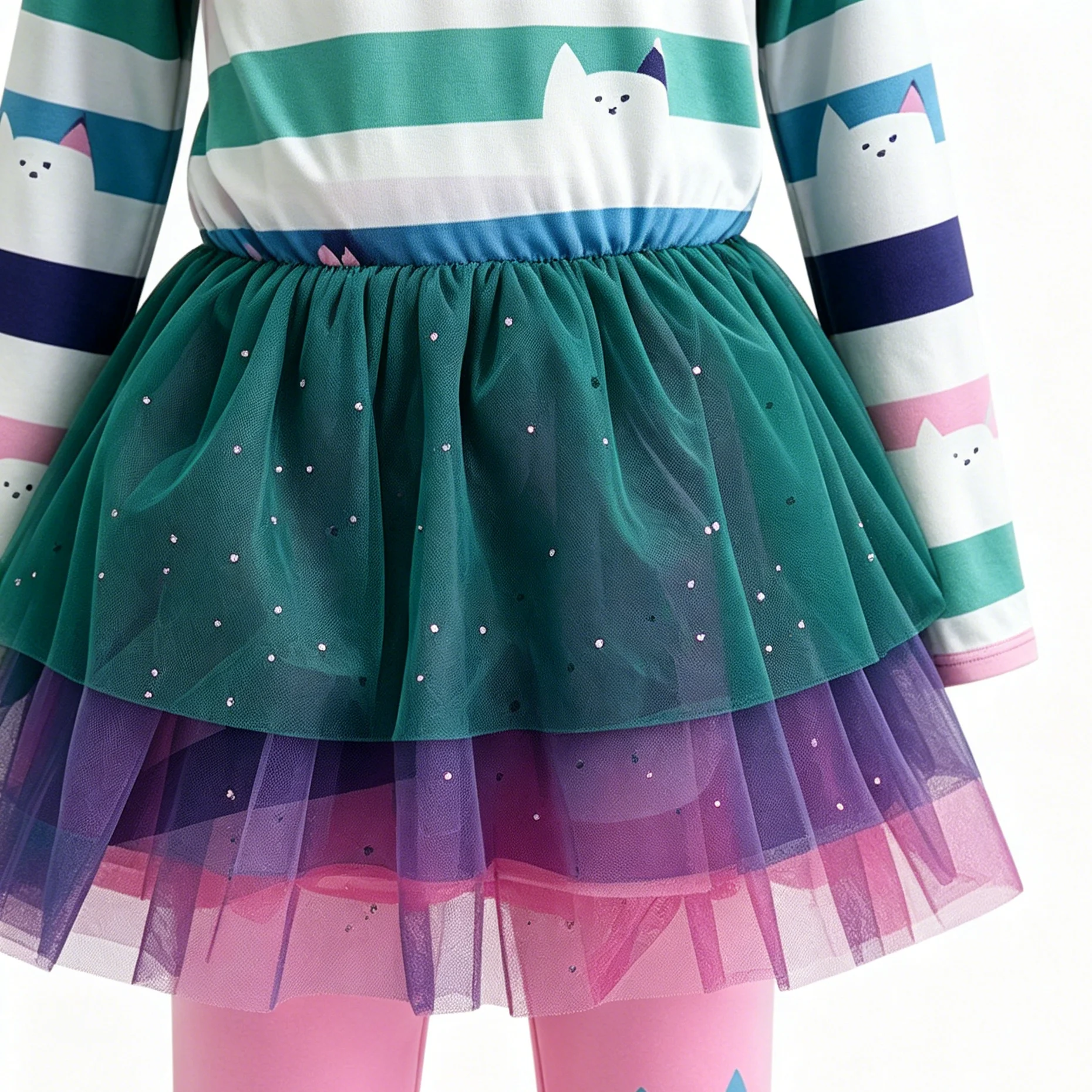 Neue Kinder-Freizeitsets Katzen-Regenbogen-Streifen-Mesh-Tutu-Kleid mit Hose Mädchen-Halloween-Outfit Karneval Geburtstagsparty-Geschenke – Detail 8