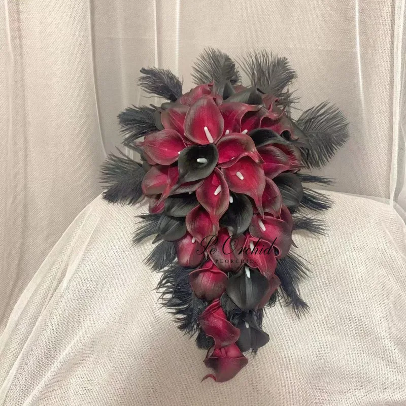 PEORCHID Gothic Vintage Black Burgundy Cascading Wedding Bouquets Calla Lily เจ้าสาวดอกไม้น้ําตกประดิษฐ์ Feather Bouquet