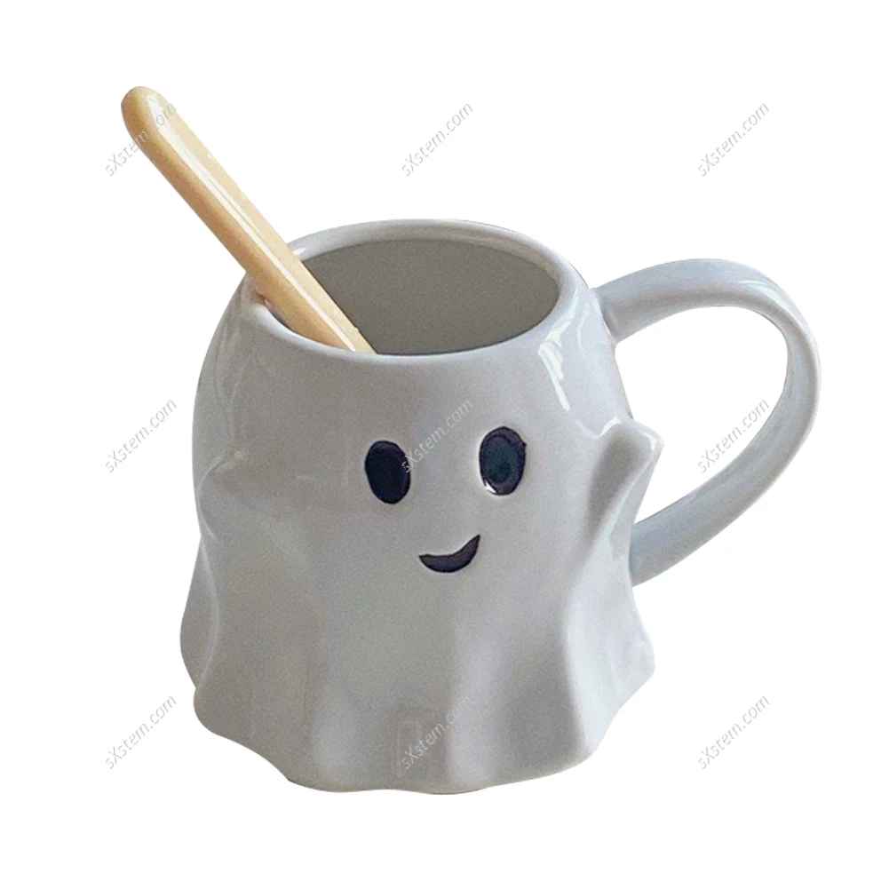 Halloween Elf Ceramic Mug Cute Cartoon Ghost Elf Elves Porcelain Tea Cup With Stirring Rod Drinkware Gift for Kids