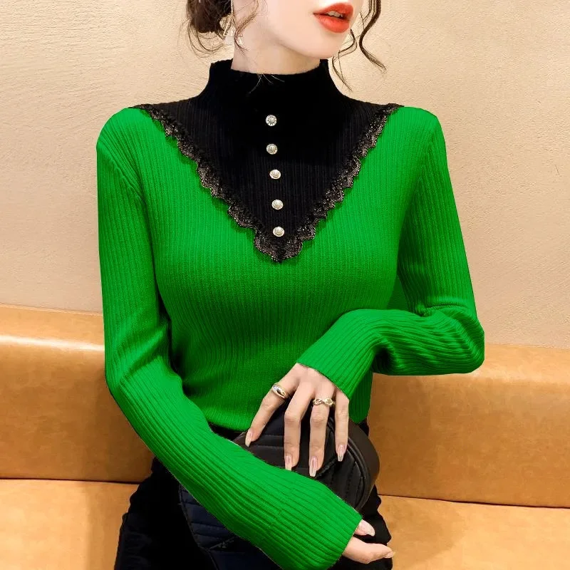 Women Mock Neck Ruffles Sweater Long Sleeve Knitted Bottoming Solid Pullovers Stripe Casual Sweater For Women 2024 Autumn