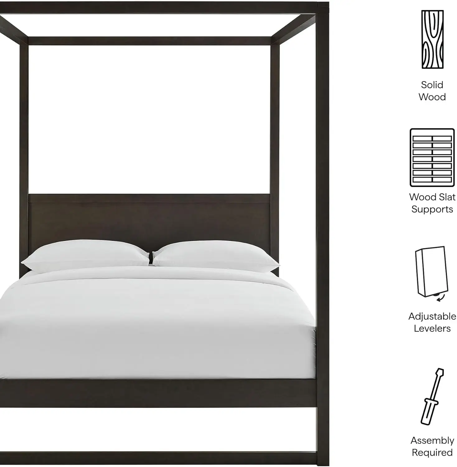 سرير بمظلة بمنصة خشبية مكون من 4 أعمدة من خشب البلوط المدخن مع لوح أمامي وإطار من الخشب المطاطي الصلب