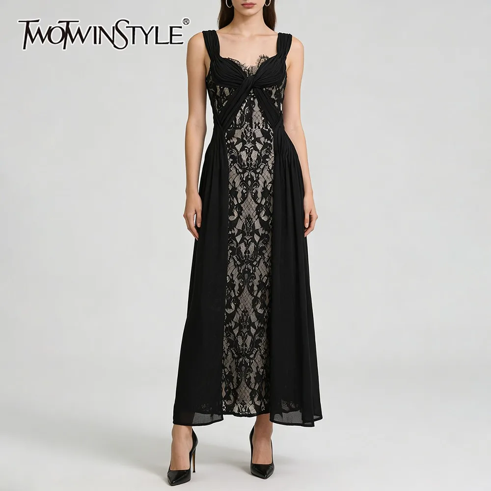 

Модное женское длинное платье TWOTWINSTYLE с кружевными вставками, V-образным вырезом, без рукавов, с пэчворком и складками, приталенное, для женщин