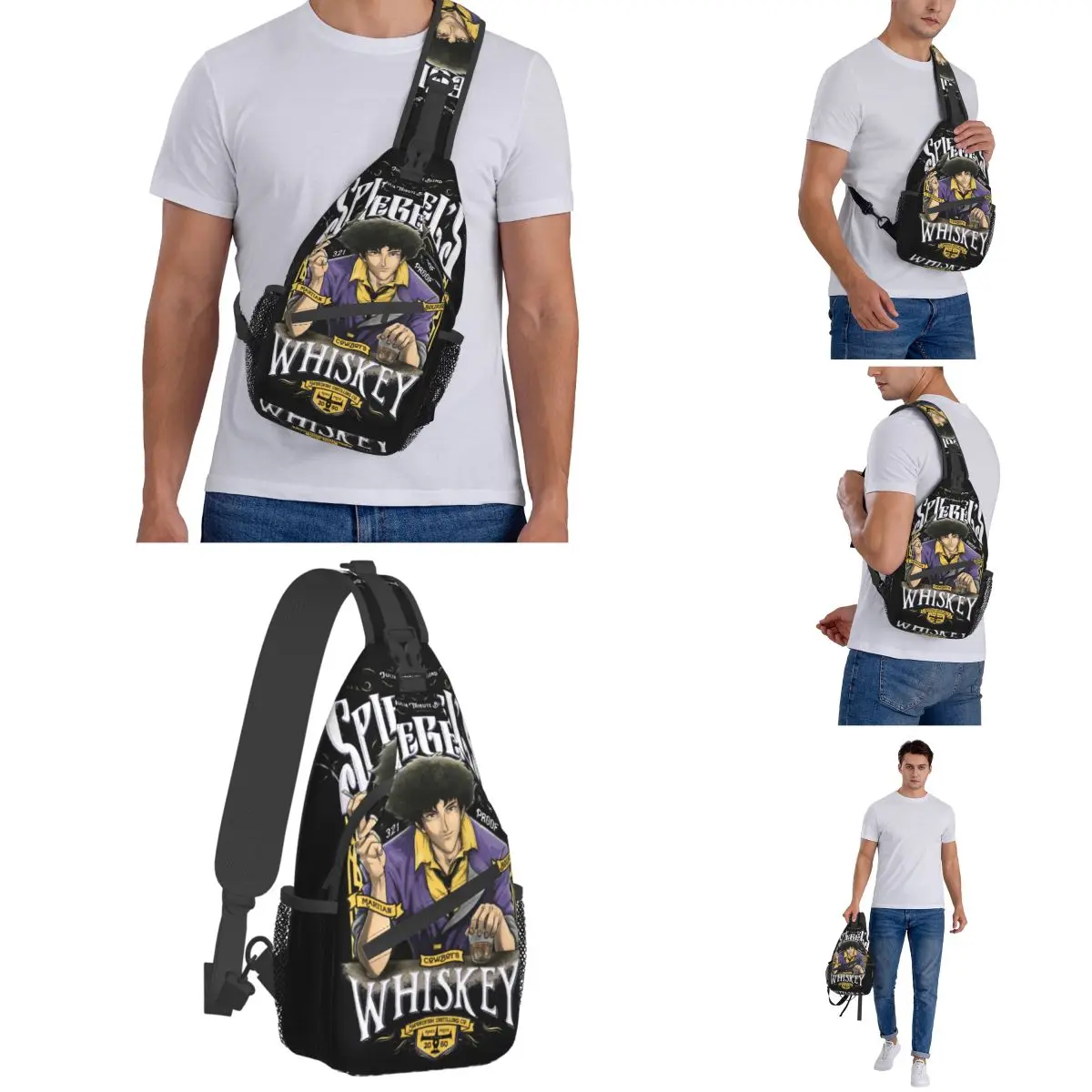 Spiegel's Cowboy Bebop Whiskey Crossbody Sling Bag, bolso de pecho pequeño, mochila de hombro de Anime, mochila de día, viaje, senderismo, Camping, Satchel