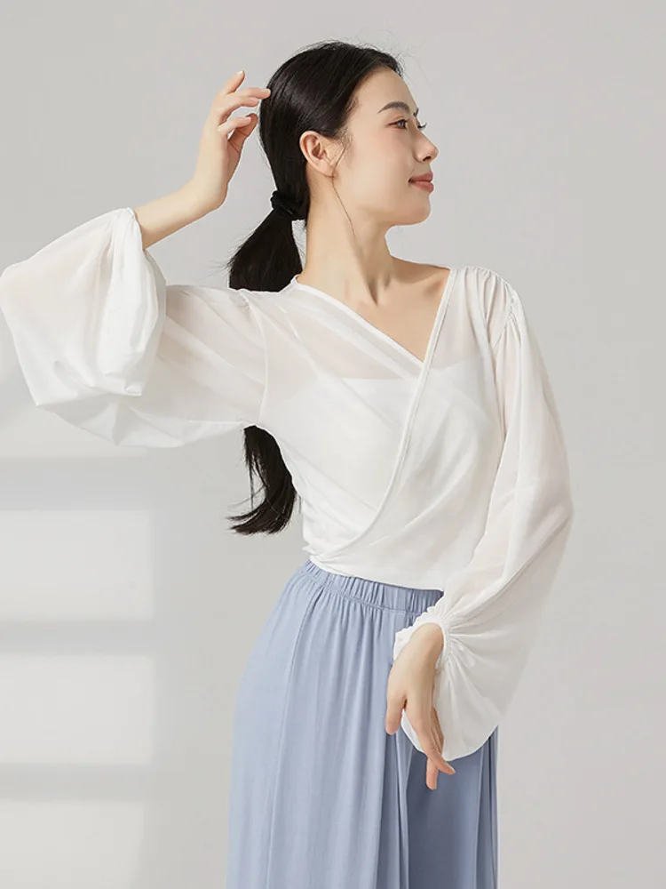 

Современная танцевальная одежда, свободный сетчатый топ для женщин, пышный костюм с v-образным вырезом и длинными рукавами, однотонный современный сценический костюм для практики