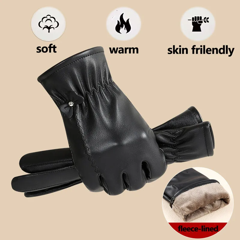 قفازات الشتاء للنساء قفازات جلدية حقيقية في الهواء الطلق ركوب الدراجات جلد الغنم الحقيقي الأسود الدفء القيادة قفازات الدراجات النارية #1