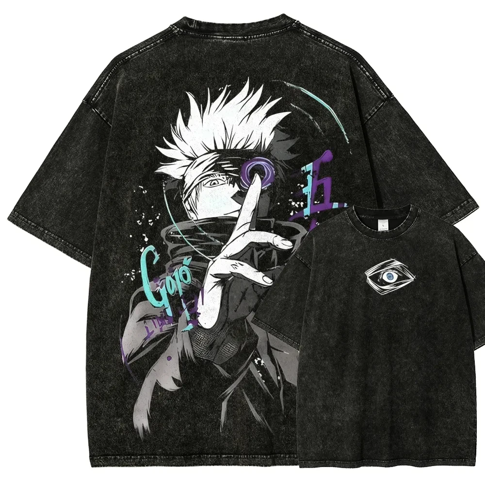 Satoru Gojo T-Shirt Jujutsu Kaisen Graffiti Eye Tee Vintage Washed Oversized Retro Anime Harajuku Herren Streetwear Grafik-Kleidung
