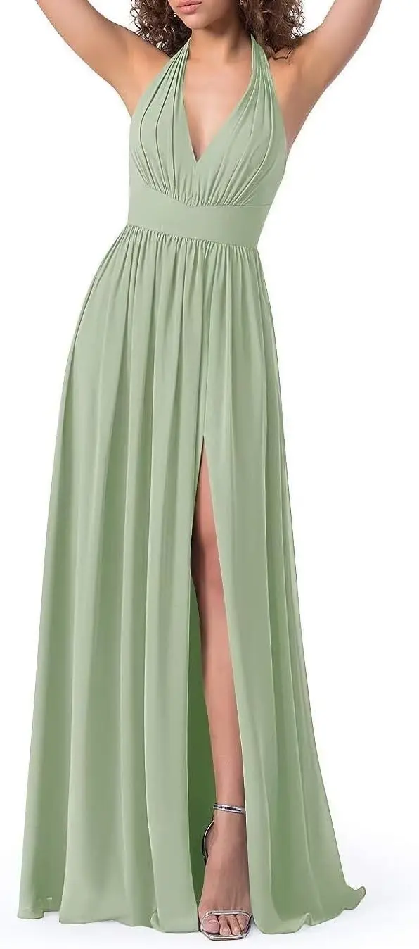 Vestidos de dama de honor de gasa con cuello Halter para mujer, vestidos formales largos plisados con hendidura, vestido de fiesta de noche, vestido Formal elegante para mujer