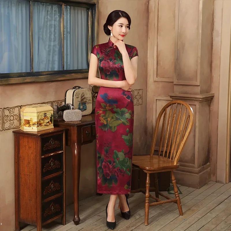 

New Style Cheongsam Authentic Silk Cheongsam Chinese Fresh Elegant Temperament Long Fashion Party Gown Qipao Flowers Dresses