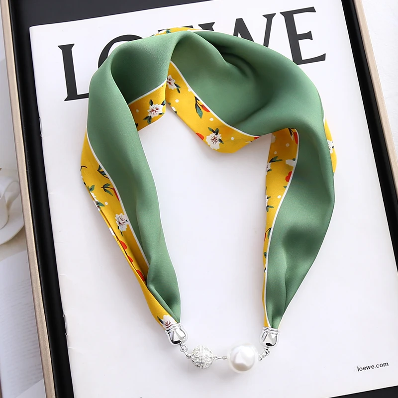 Spring Autumn Shirt Decoration Pearl Magnetic Snap Imitated Silk Scarf Necklace Ladies Fashion Floral Printed Neckerchief