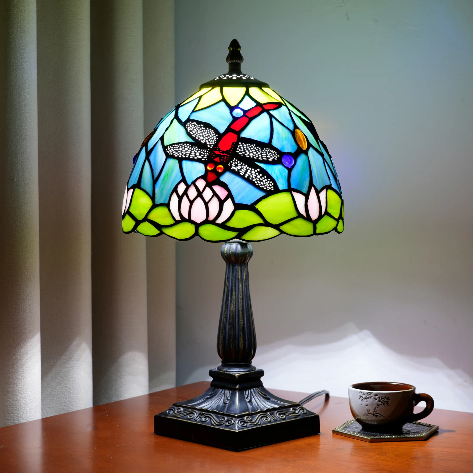 Lotus Dragonfly Stained Glass Lamp,8 Inch Tiffany Style Table Lamp for Bedroom Living Room Home, Handcrafted Light