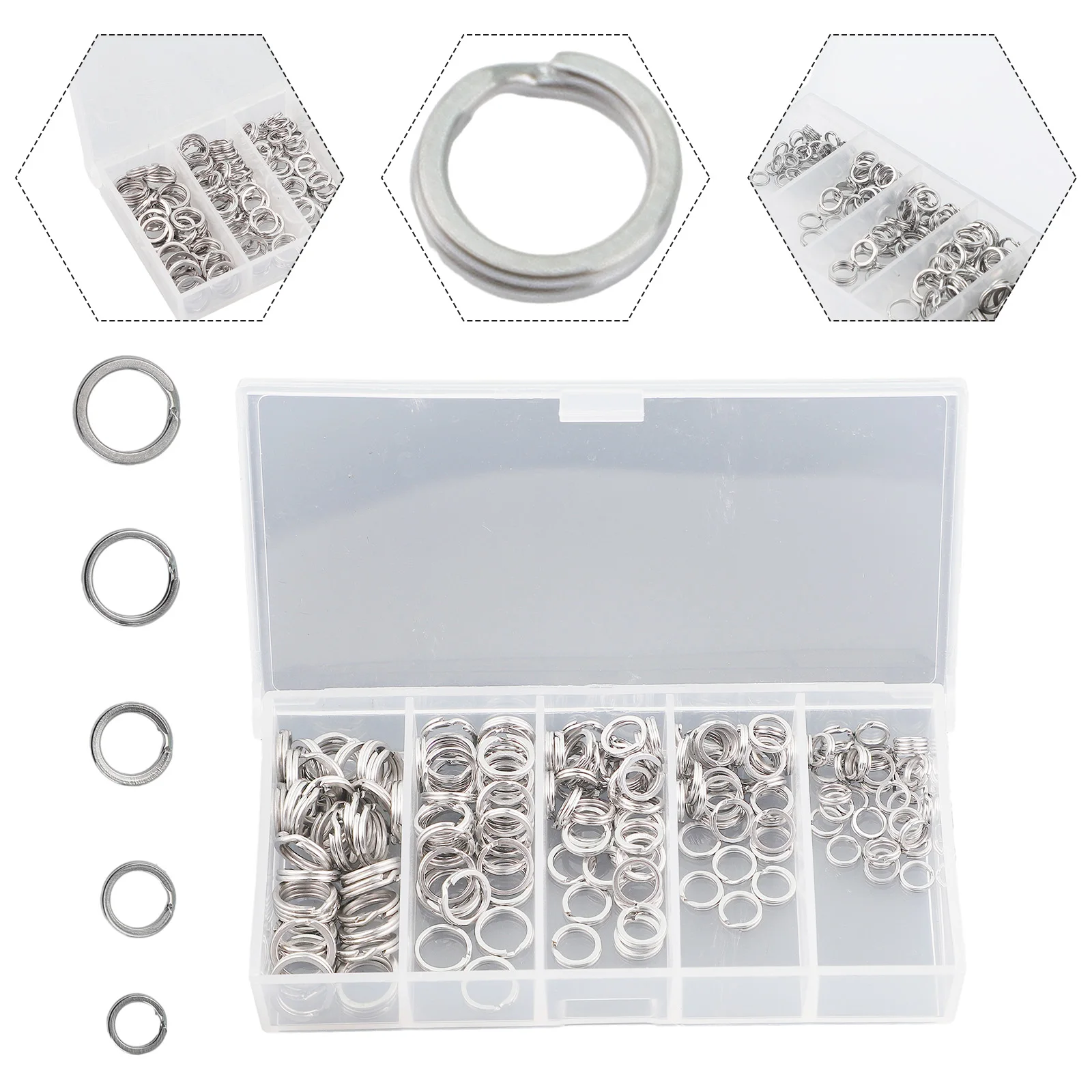 200pcs Fishing Split Rings Set 5/6/7/8/9mm Stainless Steel Flatten Connecting Ring Fishing Swivels Snaps Accessories