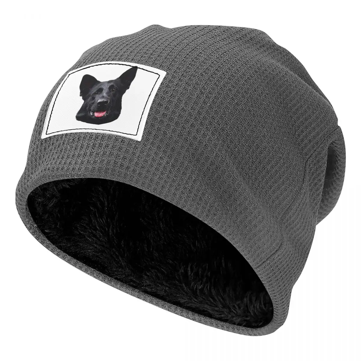 Black German Shepherd Dog - Stunning Waffle Knit Fleece Lined Beanie with PU Leather Patch Unisex Warm Winter Soft Cap