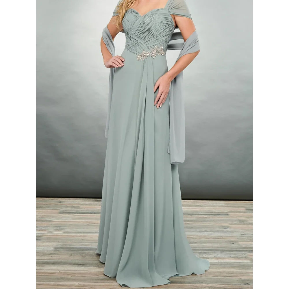 Dark Platinum Mother of the Bride Dresses with Wrap Chiffon Wedding Party Dress with Beads