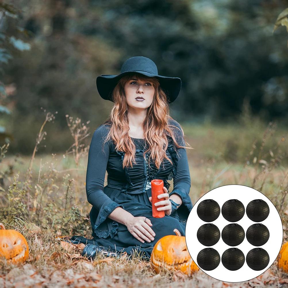 

9pcs 1 Set Halloween Diy Black Lantern 20Cm Round Hanging Decor For Halloween Ghost Festival Party Homehalloween Supplies