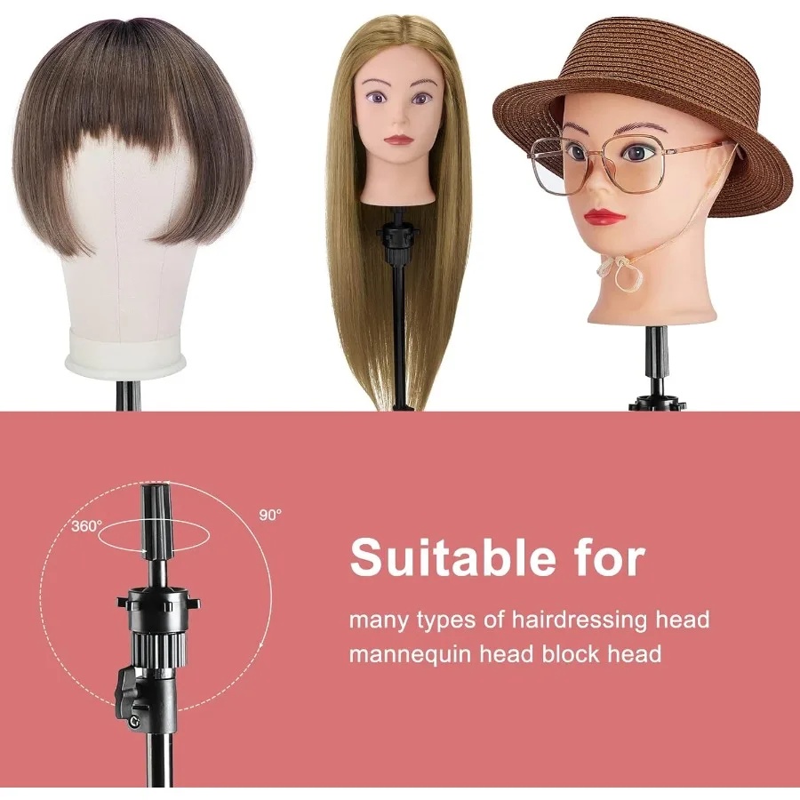 مجموعة رأس مانيكين ثلاثية القوائم قابلة للتعديل مع حامل شعر مستعار أحمر وردي لتطبيقات التجميل والتجميل مقاس 23 بوصة مع حامل رأس شعر مستعار مع