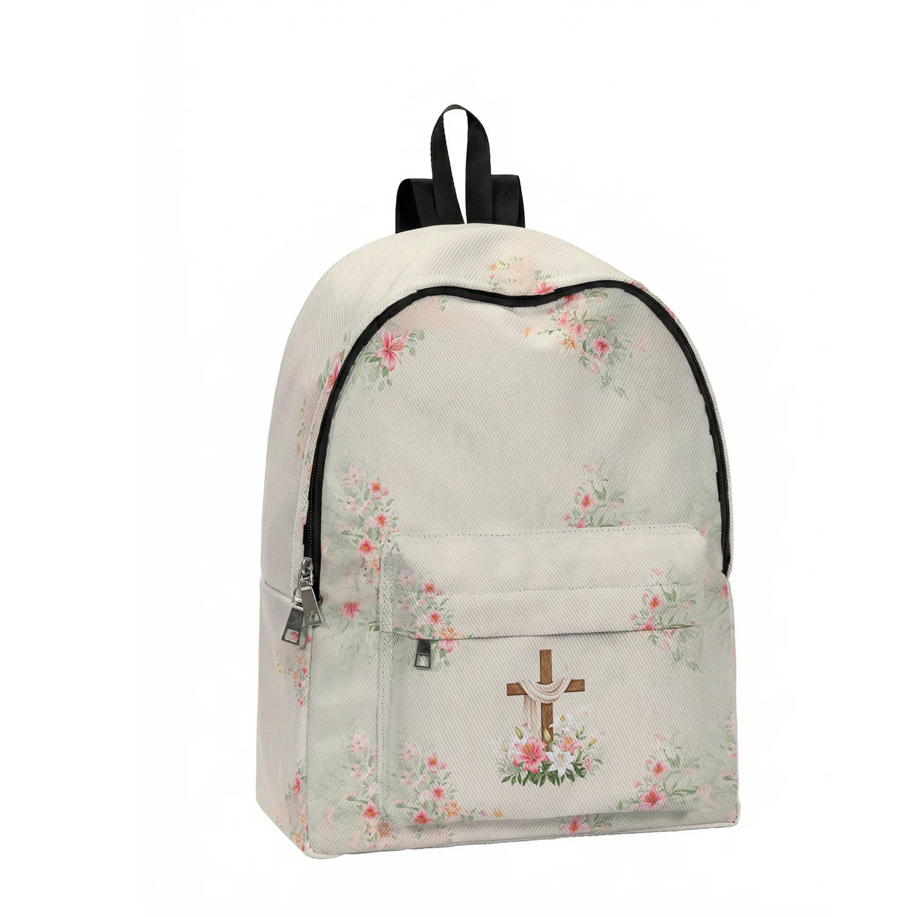 Heartwarming Easter Gift! A 2D Printed Floral Cross Pattern Backpack with a Large Front Pocket Perfect for Students