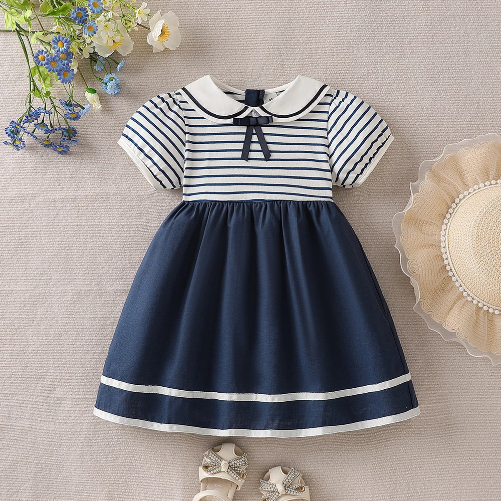 Girls 2-8Y Navy Striped Sailor Dress Peter Pan Collar Bow Short Sleeve Cotton Summer Kids Daily Casual Dress