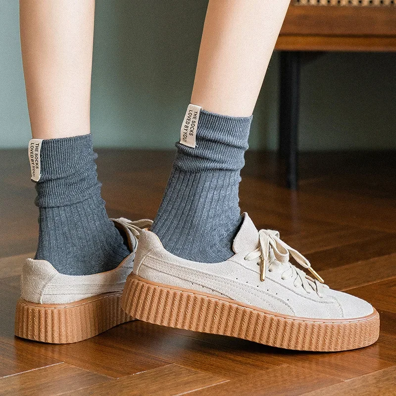 Japanese Korean Fashion High School Girls High Socks Solid Color White Khaki Beige Loose Socks Cotton Knitting Women Long Socks