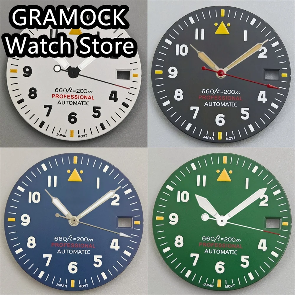 GRAMOCK 29mm Sterile Pilot Watch Dial Part Black White Green Blue Dial Hands Set Green Luminous for NH35 NH36 Movement
