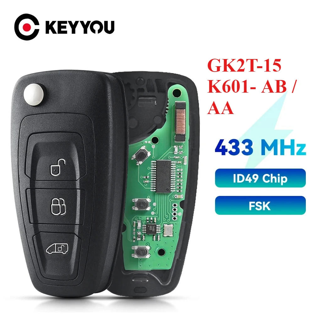 

KEYYOU For Ford Tourne Transit GK2T-15K601- AB /AA 433.92MHz FSK Pro ID49 Chip A2C94379403 3BTN Car Remote Flip Key