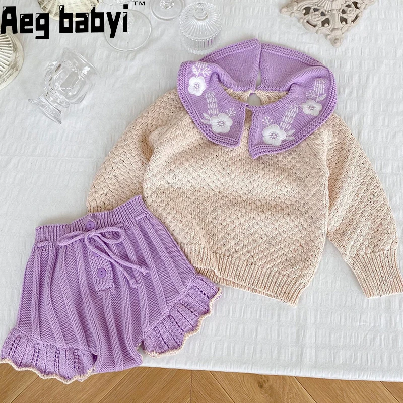 

Autumn Infant Baby Girls Clothes Suit Knitted Embroidered Lotus Leaf Collar Sweater +Lace Pants 2Pcs Sets Toddler Baby Knitwear