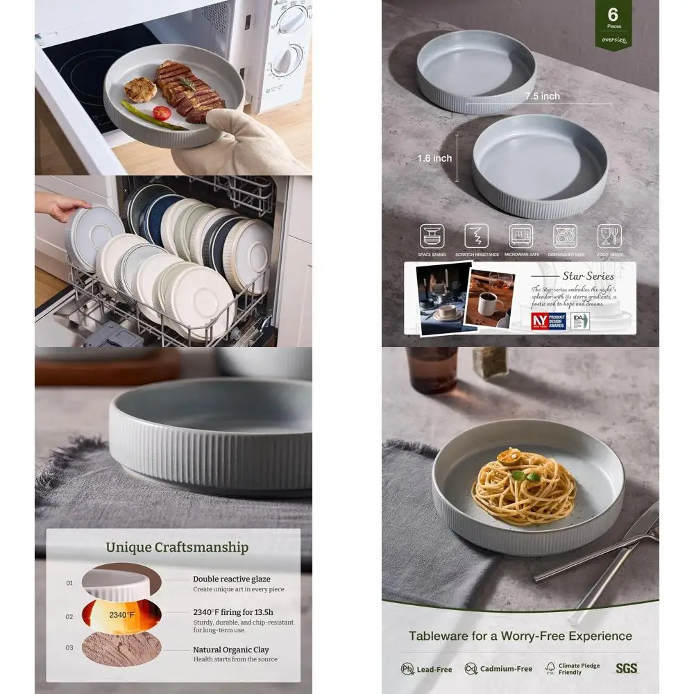 

Set of 6 7.5 Pasta and Salad Bowls with Double Reactive Glaze, Stackable, Ideal for Housewarming, Thanksgiving, Christmas Gifts,