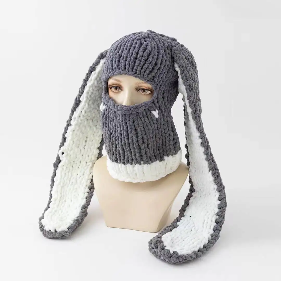 Y2k lange Hasen ohren Hut Winter handgemachte gestrickte lustige Mütze Kappe verdicken warme Voll gesicht Ski maske Abdeckung Sturmhaube für Party – Detail 13