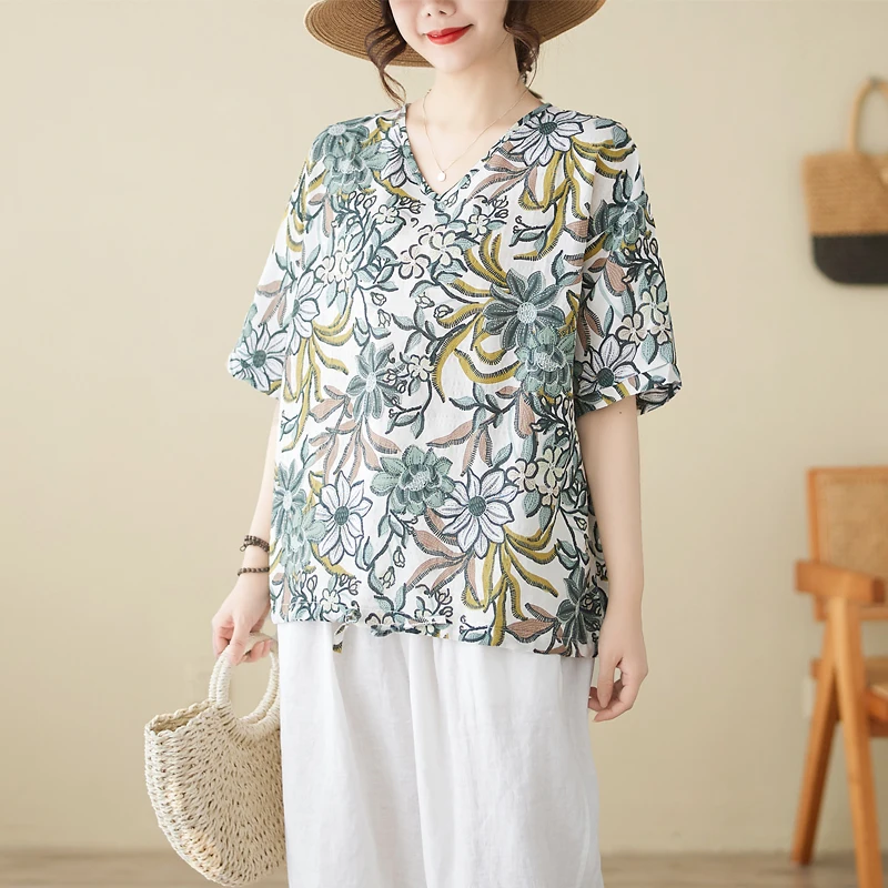 

Ультратонкая хлопково-льняная повседневная свободная футболка с v-образным вырезом, женский топ большого размера с растительным принтом и завязками