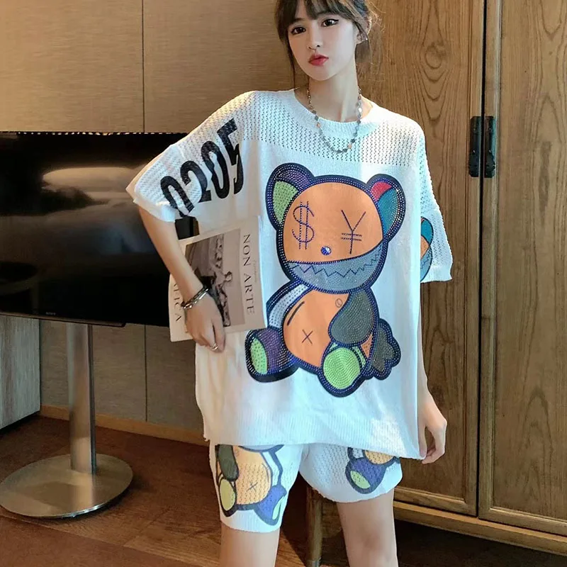 Cartoon Fashion Shorts Suit 2024 Summer Bear Rhinestone Hollow Short-Sleeved Shirt Top and Shorts Two Piece Sets Womens Outifits