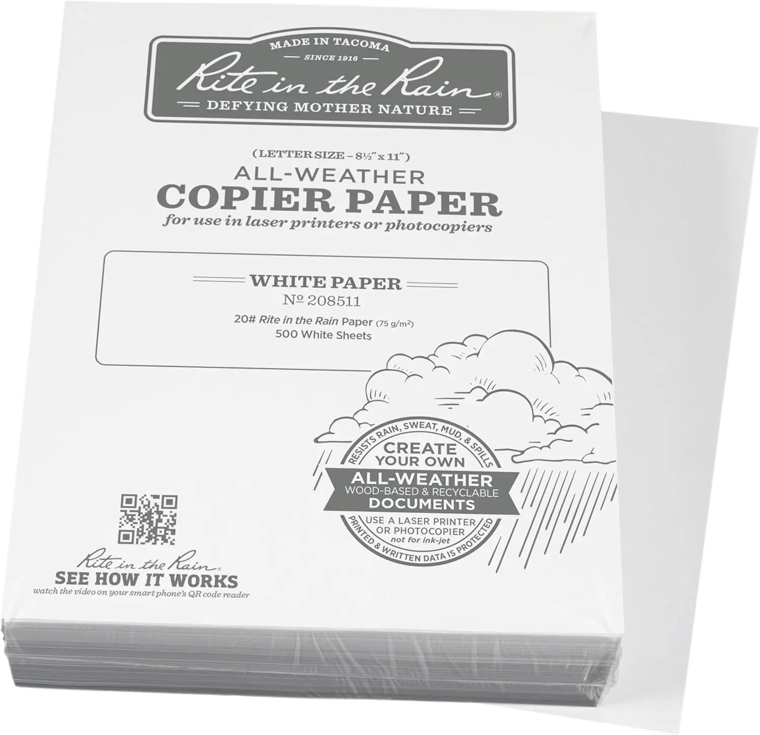 

Weatherproof Bulk Copier Paper, 8.5" x 11", 20# White, 500 Sheets, Laser Printer Compatible
