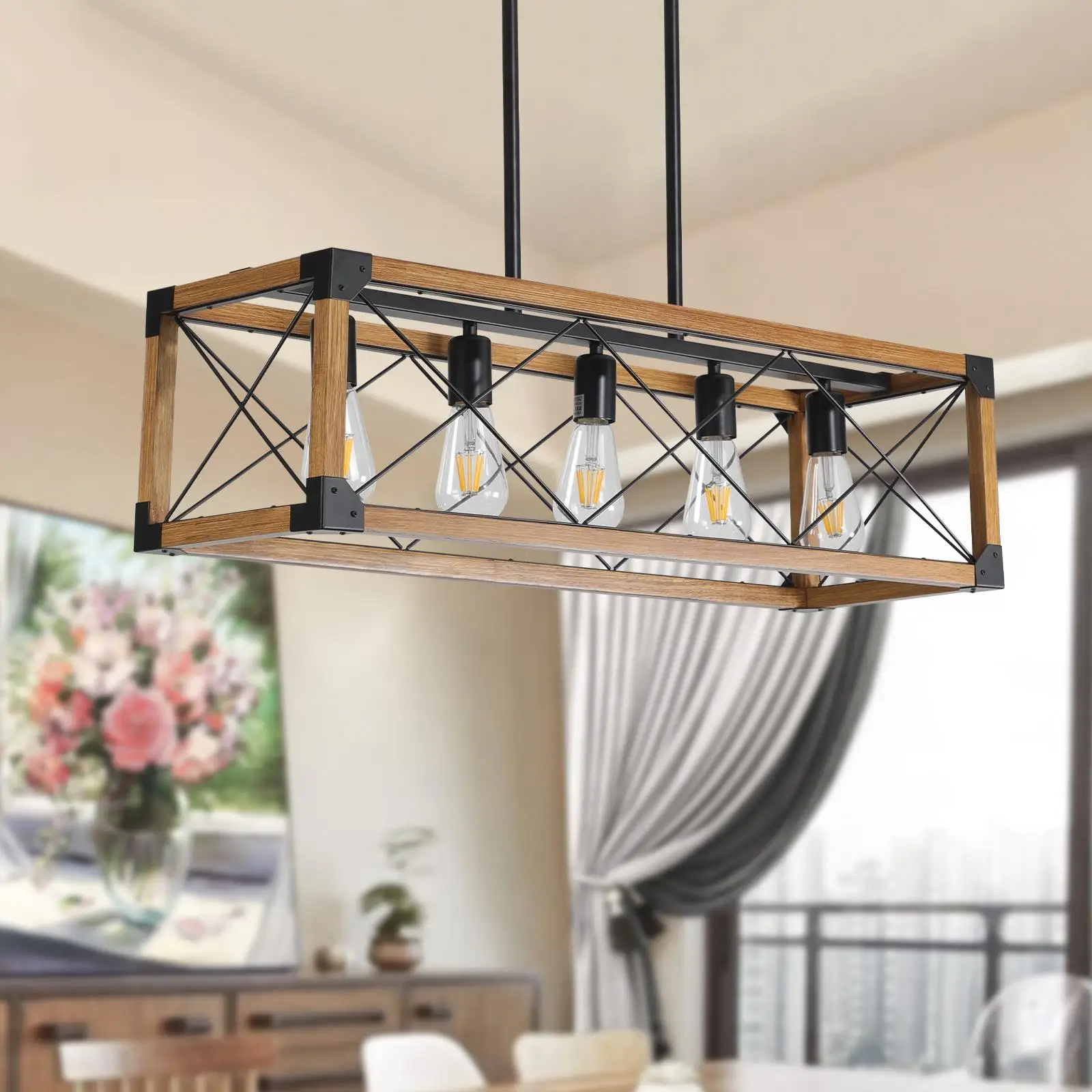 5-Light Retro Farmhouse Chandelier for kitchen , Dining & Living Room - Walnut Finish (No Bulbs Included)