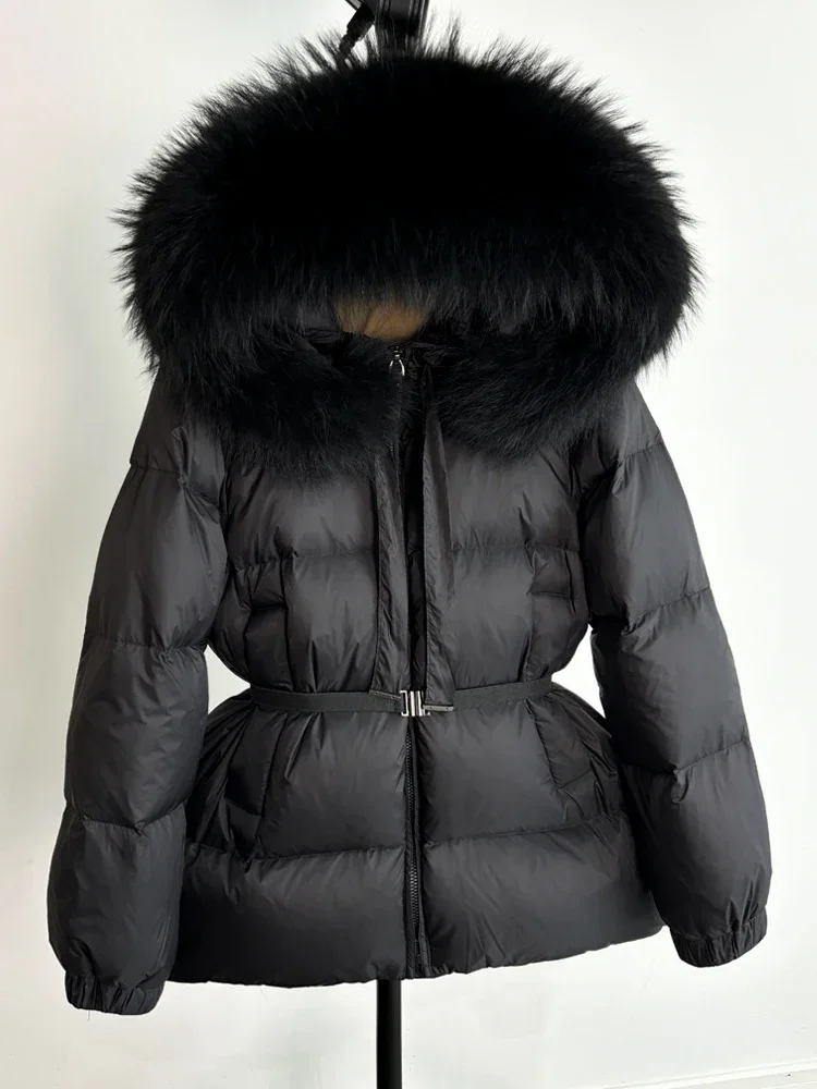 Janveny-Veste Courte à Capuche en Vraie Fourrure de Raton Laveur pour Femme, Manteau 2024 Duvet de Canard, Parkas en Plumes Imperméables, 90%