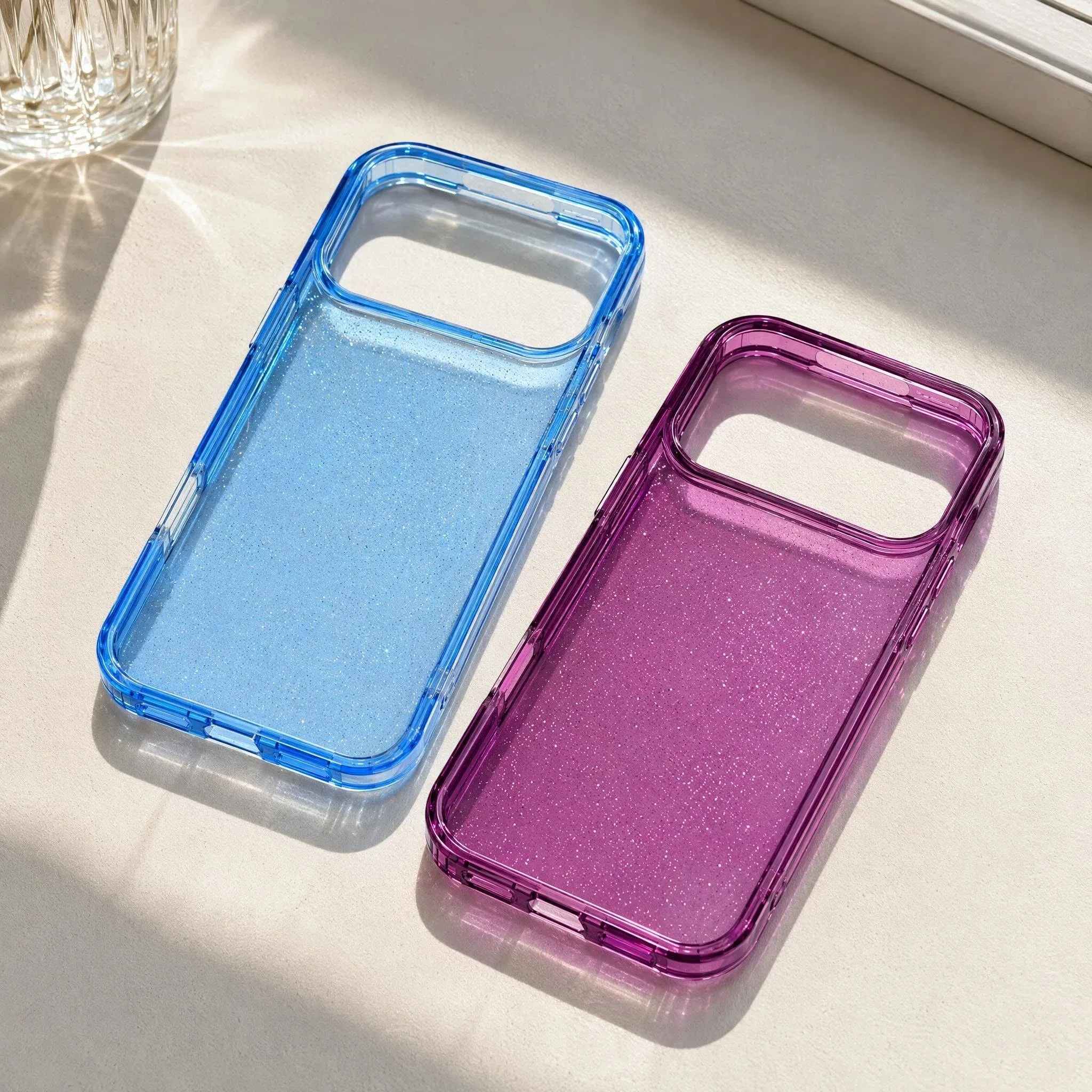 Luxuriöse Transparente Glitzerhülle für iPhone 18 Pro Max 17 Pro Stoßfeste Schutzhülle. Neues Kirschrot, Hellblau, Anti-Gelbton – Detail 7