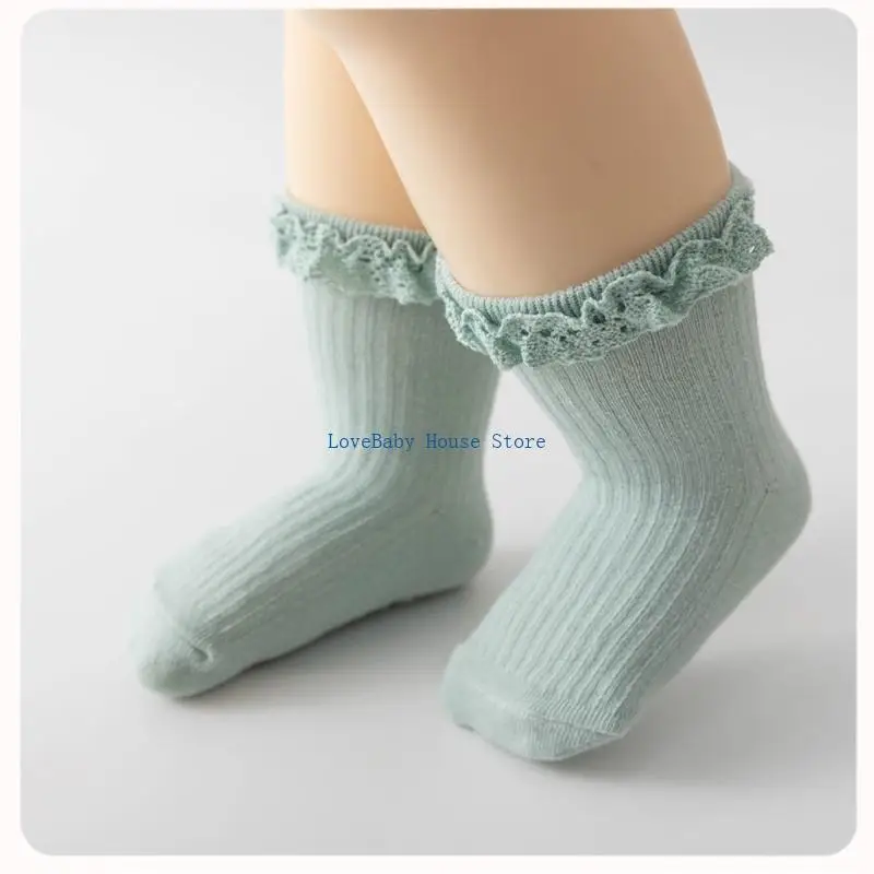 

BX0D 0-6 Month Infant Girls Foot Wear Non Slip Solid Calf Socks Fashion Ruffled Socks
