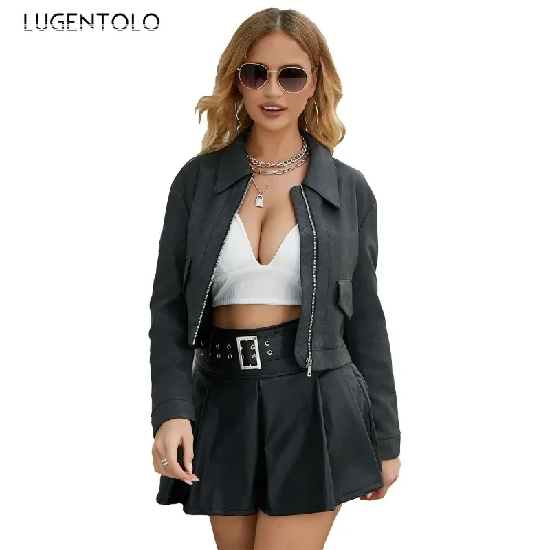 ผู้หญิง PU แจ็คเก็ตฤดูใบไม้ร่วง/ฤดูหนาว 2025 แฟชั่นหลวมหนัง Faux Cropped Coat Retro Lapel Zip เสื้อสเวตเตอร์ถักอเนกประสงค์ Street Wear