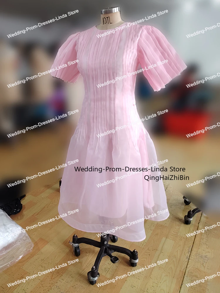 Pink O-Neck A-line Tea-Length Organza Form Evening Dresses for Women Prom Gowns Birthday Party Dress 2024 Customized