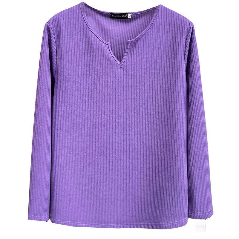 Spring New Plus Size Women's Basic T-shirt 100kg Small V-neck Long Sleeve Top Female Tees 2351