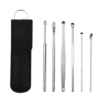 6 stks/set Oorreiniger Oorsmeer Pickers Rvs Earpick Wax Remover Piercing Kit Oorsmeer Curette Lepel Zorg Oor Schoon Gereedschap