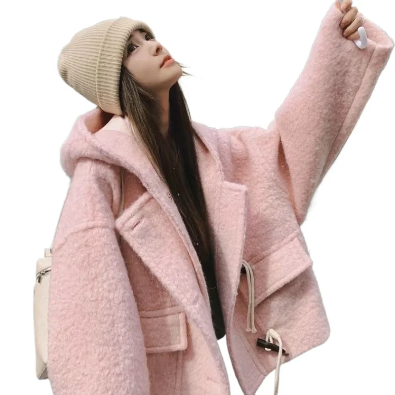 Otoño e Invierno artículos de lana de alta gama temperamento grueso desplazamientos bonitos mezclas cuerno nuevo abrigo corto con capucha abrigo de lana rosa