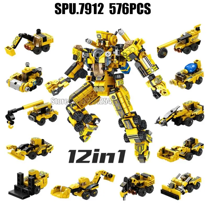 633008 576pcs 12in1 25 Changes Engineering Excavator Bulldozer Roller Crane Drill Super Deformation Robot Building Block Toy