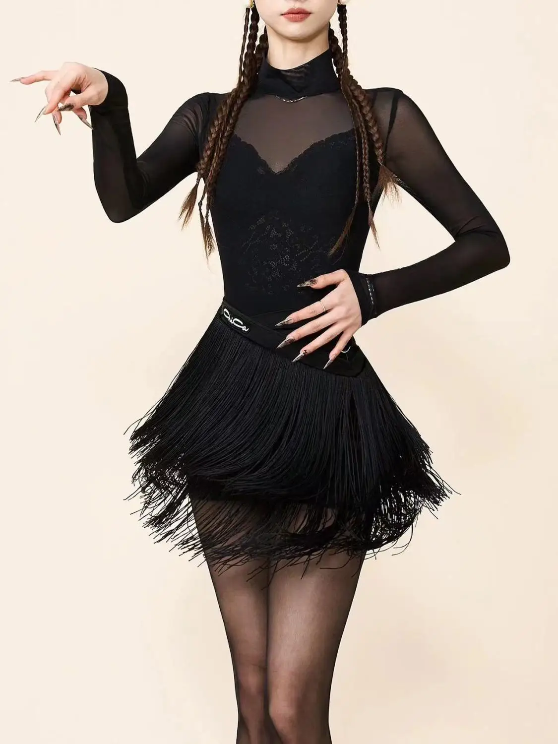 Ropa de baile de verano, camiseta de malla con mangas largas y capa interior de encaje, diseño para practicar bailes latinos, disfraz para adultos, para mujer, con flecos, para gala, color negro.