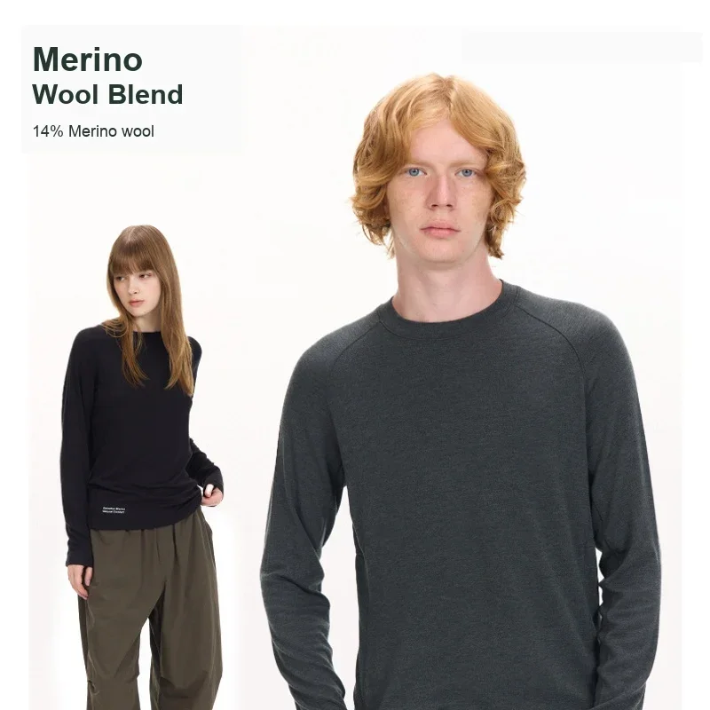 Unisex Merino Wool Blend Long Sleeve T-Shirt Crew Neck Top for Men and Women Outdoor Layering Black Dark Gray Sizes S M L XL
