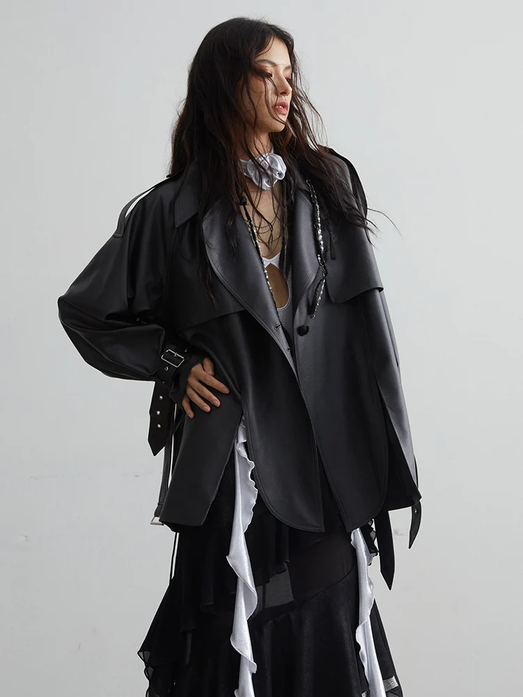 [EAM] PU Leather Black Slit Big Size Casual Jacket New Lapel Long Sleeve Women Coat Fashion Tide Spring Autumn 2024 1DH7523